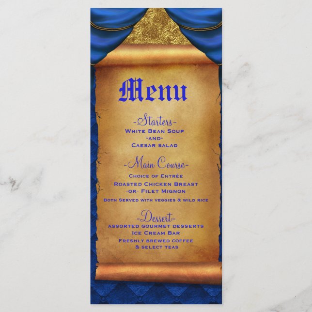 Royal Blue Gold Drapes Scroll Wedding Menu (Front)