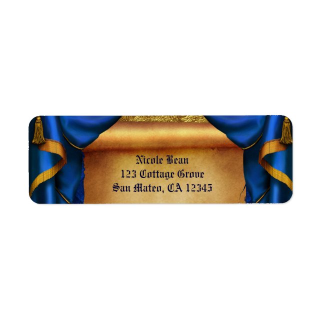 Royal Blue & Gold Drapes Scroll Wedding Party Label (Front)