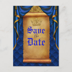 Royal Blue Gold Drapes Scroll Wedding Save Date Announcement Postcard