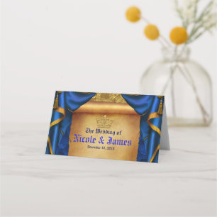 Royal Blue & Gold Drapes Scroll Wedding Table Place Card