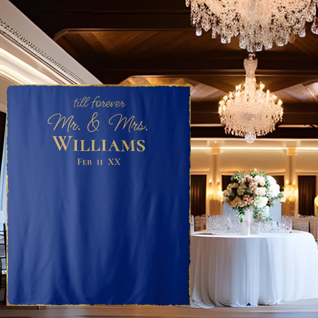 Royal Blue Gold Edge Mr Mrs Wedding Wall Backdrop (Creator Uploaded)