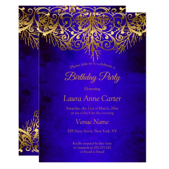 Royal Blue Gold Elegant Birthday Party Invitation