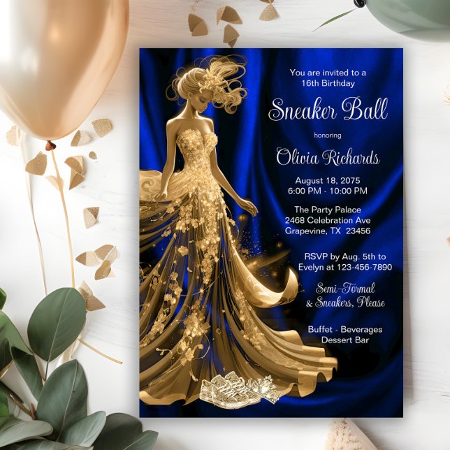 Royal Blue Gold Elegant Sneaker Ball  Invitation (Elegant royal blue gold sneaker ball invitation. All text, font and wording can be changed.)