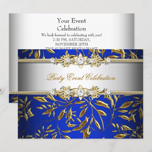 Royal Blue Gold Embossed Look Elegant Party Custom Invitation