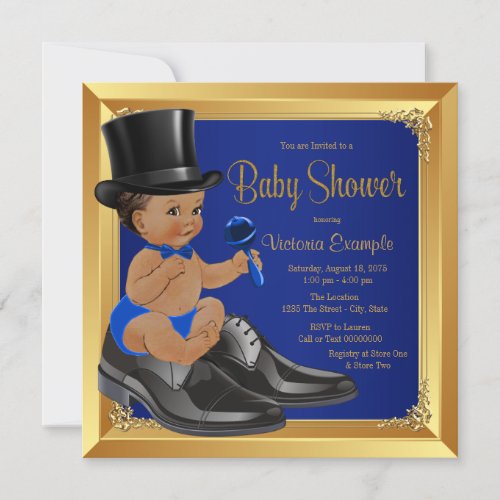 Royal Blue Gold Ethnic Little Man Baby Shower Invitation