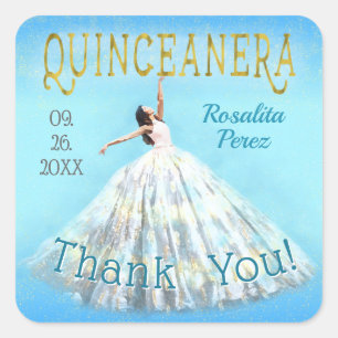 Royal Blue Gold Fancy Dress Quinceanera Thank You Square Sticker