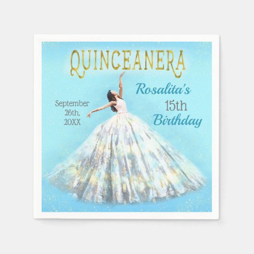 Royal Blue Gold Fancy Quinceanera Watercolor Dress Napkins