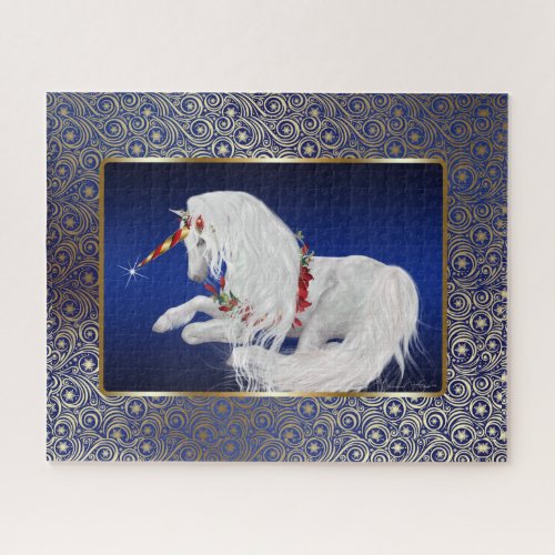 Royal Blue Gold Fantasy Holiday Unicorn Jigsaw Puzzle