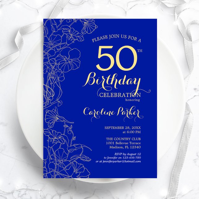 Royal Blue Gold Floral 50th Birthday Party Invitation (Creator Uploaded)