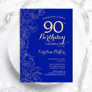 Royal Blue Gold Floral 90th Birthday Party Invitation