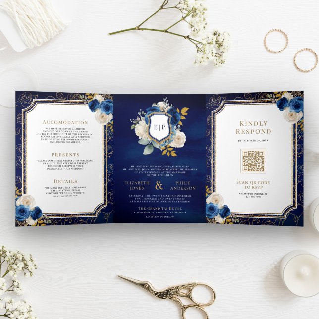 Royal Blue Gold Floral All in One Crest Wedding Tri-Fold Invitation (Creator Uploaded)