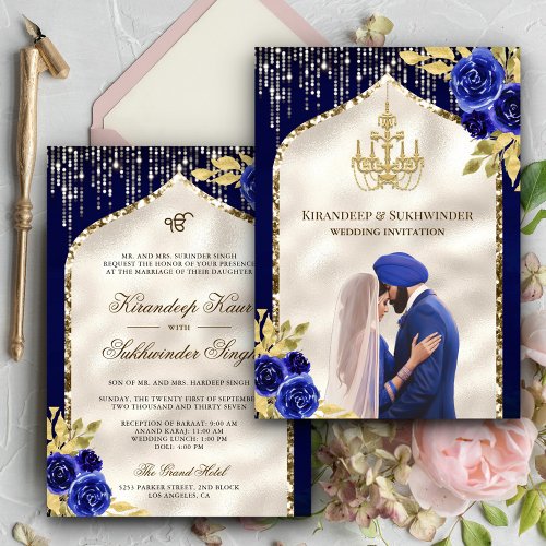Royal Blue Gold Floral Anand Karaj Sikh Wedding Invitation