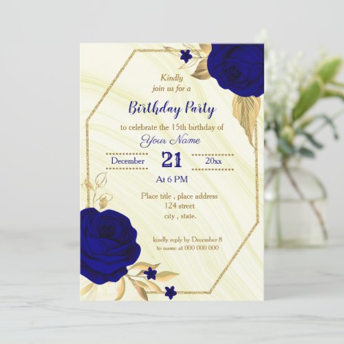 royal blue gold floral birthday party invitation