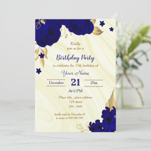 royal blue gold floral birthday party invitation