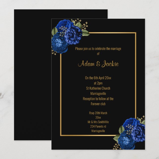 ROYAL BLUE GOLD FLORAL BOUQUET WEDDING INVITATION (Front/Back)
