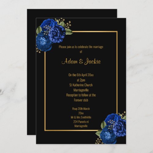 ROYAL BLUE GOLD FLORAL BOUQUET WEDDING INVITATION