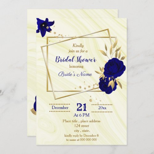 royal blue gold floral bridal shower invitation