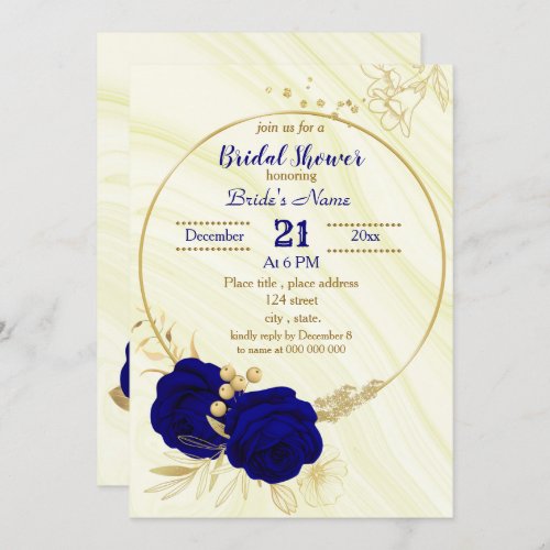 royal blue gold floral bridal shower invitation