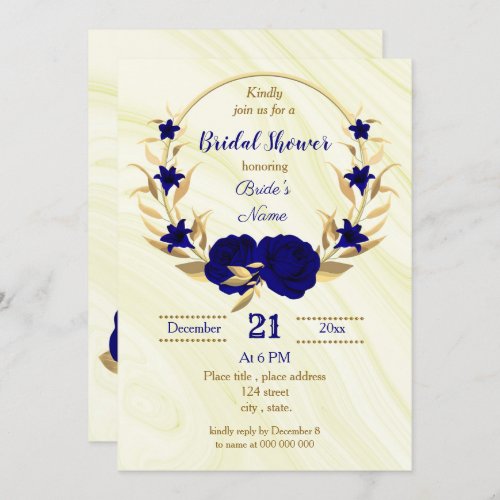 royal blue gold floral bridal shower invitation