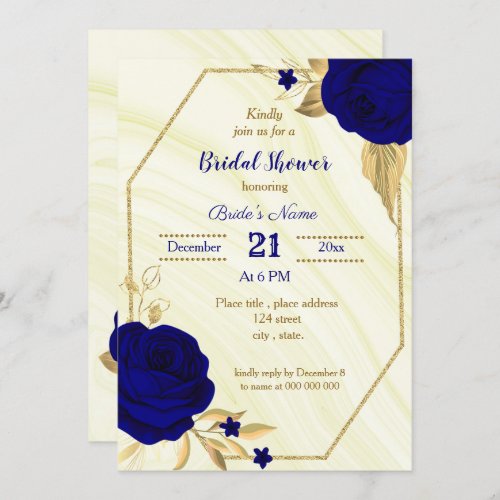 royal blue gold floral bridal shower invitation