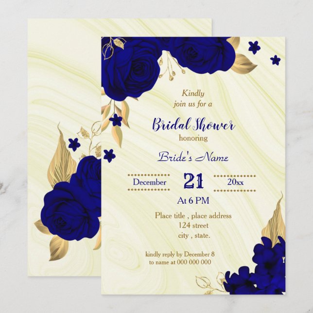 royal blue gold floral bridal shower invitation (Front/Back)