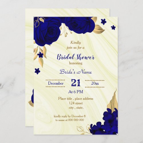 royal blue gold floral bridal shower invitation