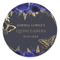 Royal Blue Gold Floral Butterflies Quinceanera  Classic Round Sticker