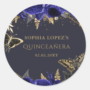 Royal Blue Gold Floral Butterflies Quinceanera Classic Round Sticker