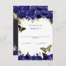 Royal Blue Gold Floral Butterflies Quinceanera RSVP Card