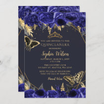 Royal Blue Gold Floral Butterfly Quinceañera Invitation