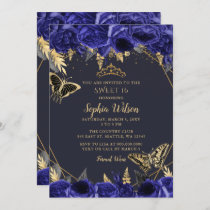 Royal Blue Gold Floral Butterfly Sweet 16 Invitation