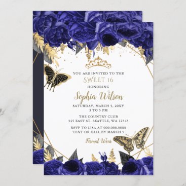 Royal Blue Gold Floral Butterfly Sweet 16 Invitation