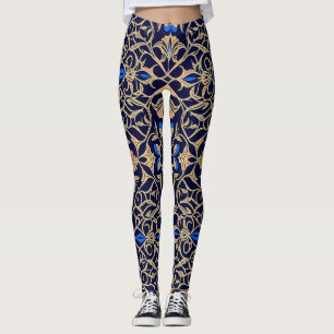 Royal Blue & Gold Floral Elegance Pattern Leggings