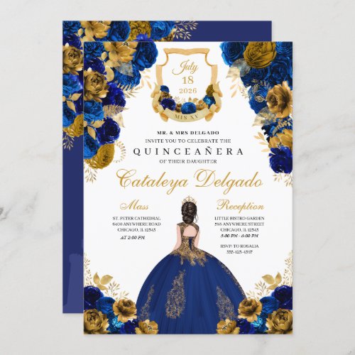 Royal Blue  Gold Floral Elegant Quinceaera Invitation
