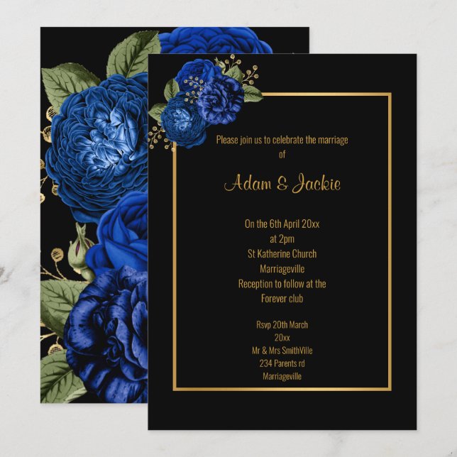 ROYAL BLUE GOLD FLORAL ELEGANT WEDDING INVITATION (Front/Back)