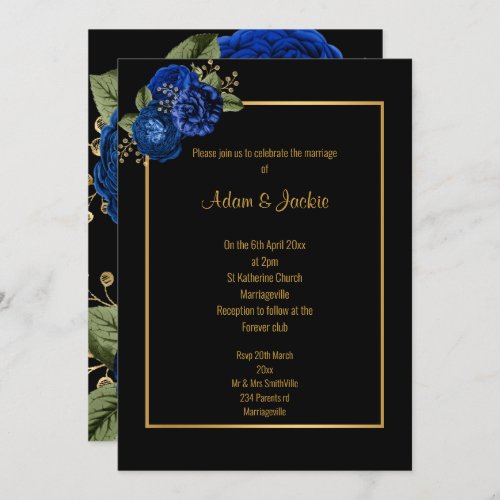 ROYAL BLUE GOLD FLORAL ELEGANT WEDDING INVITATION