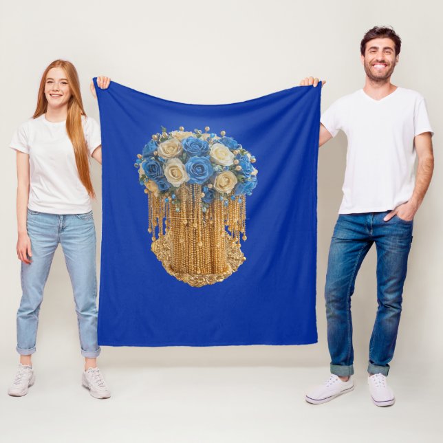 Royal Blue & Gold Floral — Fleece Blanket (In Situ)