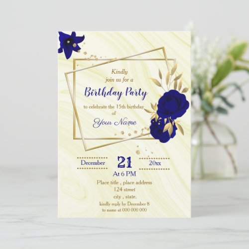 royal blue gold floral geometric birthday party  i invitation