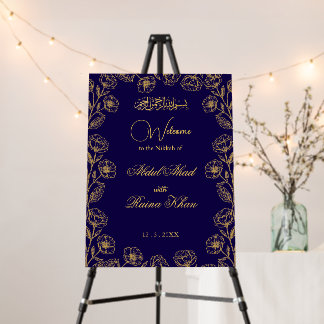 Royal Blue Gold Floral Islamic Nikkah Welcome  Foam Board