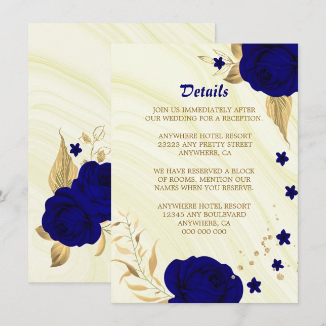 Royal blue gold floral marble details enclosure card (Front/Back)