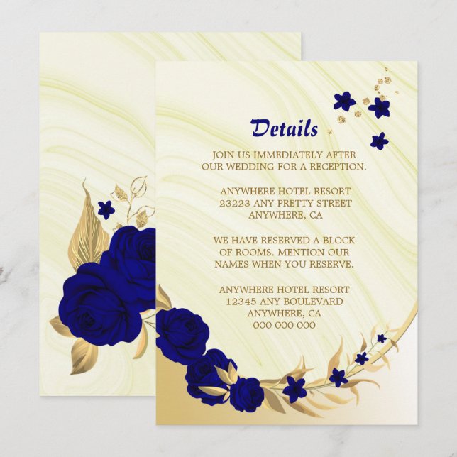 Royal blue gold floral marble details  enclosure card (Front/Back)