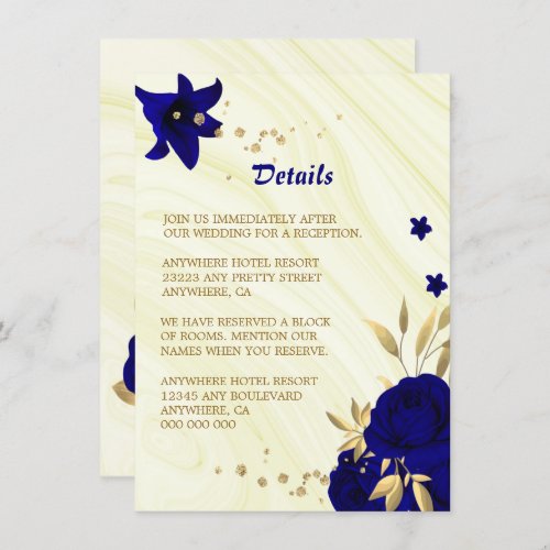 Royal blue gold floral marble details enclosure card