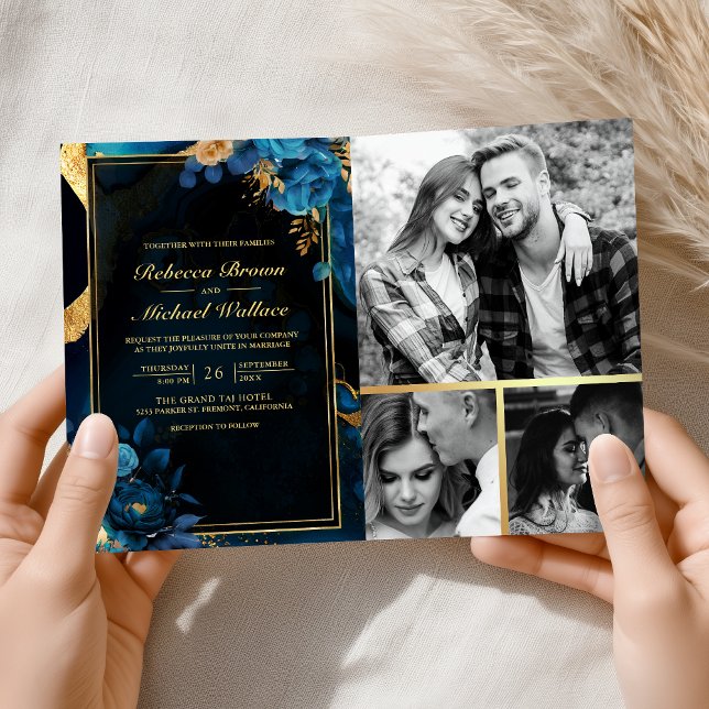 Royal Blue Gold Floral Marble QR Code Wedding Invitation (Creator Uploaded)