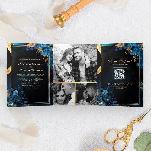Royal Blue Gold Floral Marble QR Code Wedding Tri_Fold Invitation