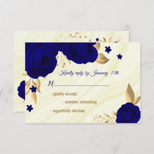 royal blue gold floral marble  RSVP card (Front/Back)