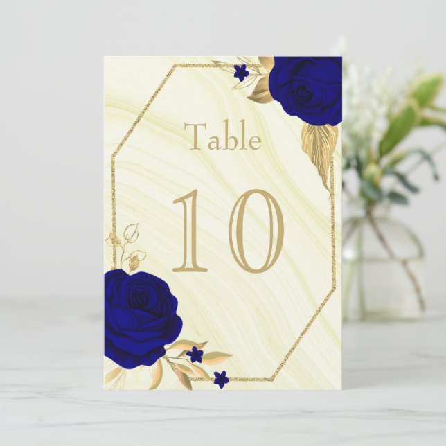 royal blue gold floral marble table number (Standing Front)