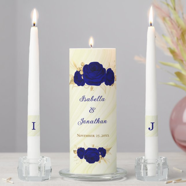 royal blue gold floral marble wedding envelope unity candle set (In Situ)