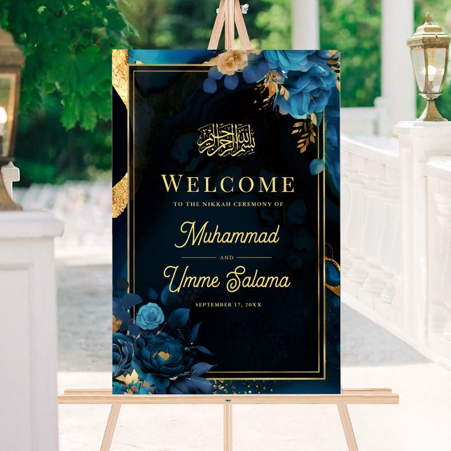 Royal Blue Gold Floral Muslim Wedding Welcome Sign (Creator Uploaded)