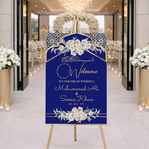 Royal Blue Gold Floral Nikah Wedding Welcome Sign