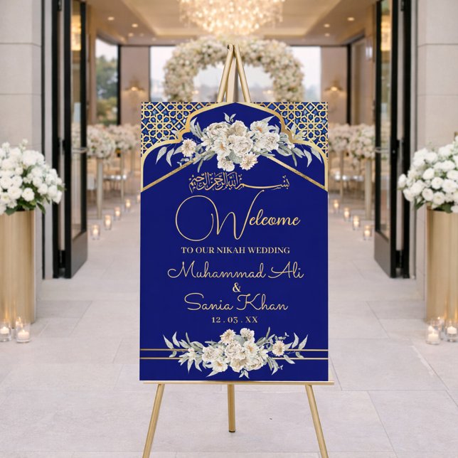 Royal Blue Gold Floral Nikah Wedding Welcome Sign (Creator Uploaded)